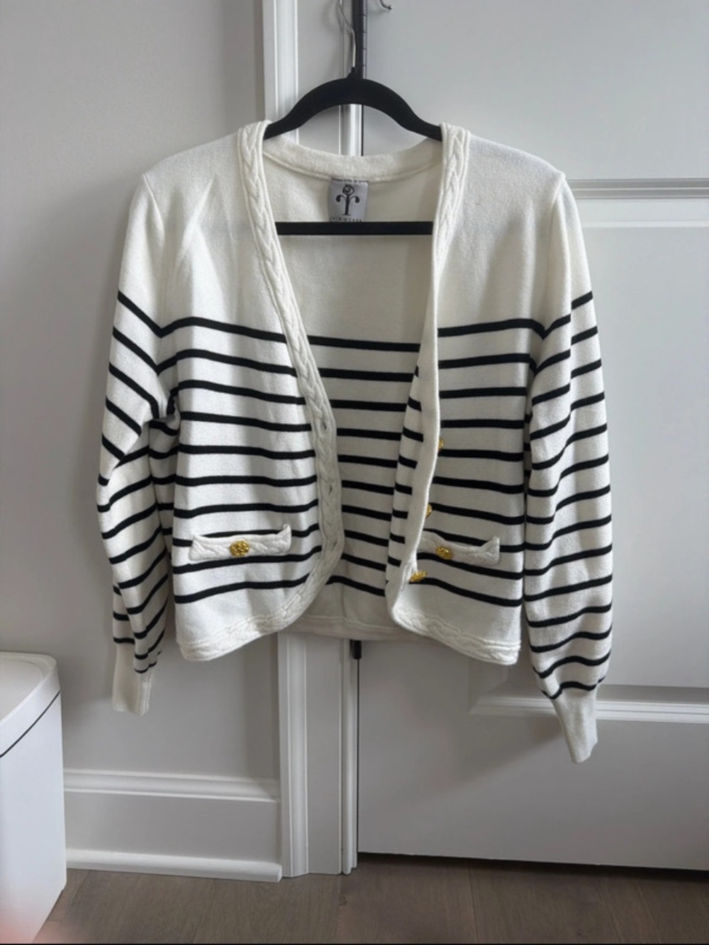 Striped Open-Front Cardigan Sweater in White and Black with Gold Buttons